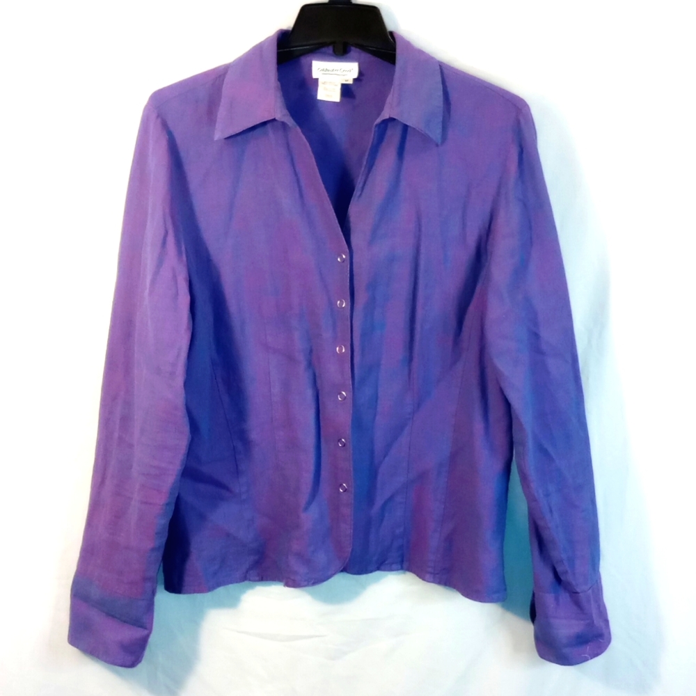 Vintage Coldwater Creek Linen Purple Snap Button Down Long Sleeve Blouse Size M